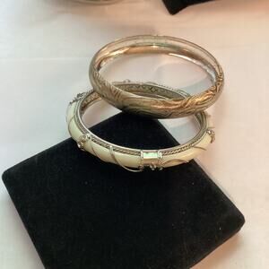 1738 (2) Vintage 80s Wired w/Rhinestones Cream & SilverTone Closed Cuff Bracelet